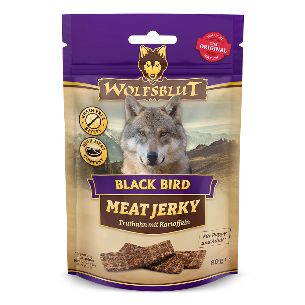 1e4f36e64cc916b5455bf6c9d2041284a3b415d6_wb785667_wolfsblut_meatjerky__black_bird_80g_front_1000px_shd.png Wolfsblut Dog Meat Jerky Black Bird 80g - obrazek 1