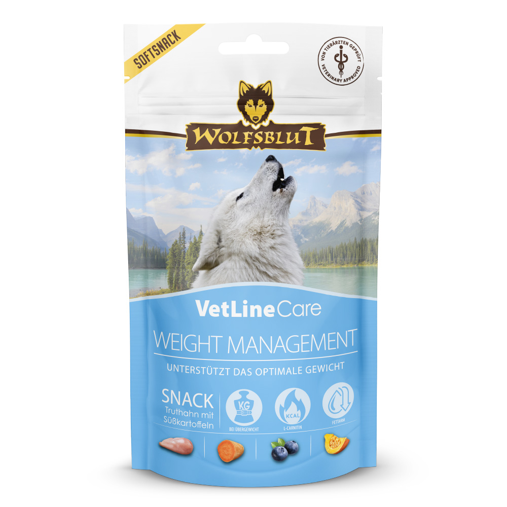 286cf654651d69c24f9386e2eb995e21cd93e8c8_WB843256_Wolfsblut_Snack_VetLine_Care_Weight_Management_Front_100g_4262374843256_1000px_SHD-1.jpg Wolfsblut Dog VetLine Snack Weight Management - indyk i bataty 100g - obrazek 1