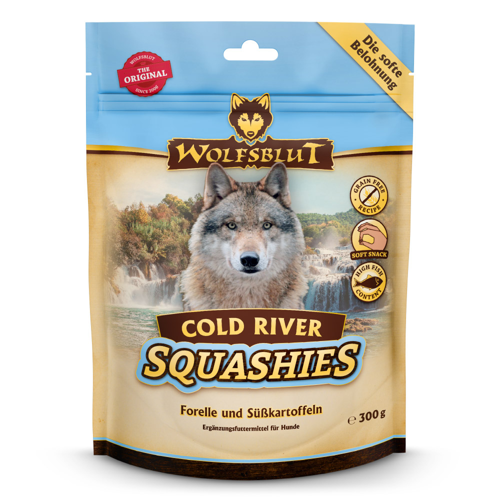 635003a24207fe0098d93cd5176e03cdca61be56_wb_wolfsblut_squashiescoldriver_front_300g_4260603785315_1000px_shd.jpg Wolfsblut Dog Squashies Cold River - pstrąg i bataty 300g - obrazek 1
