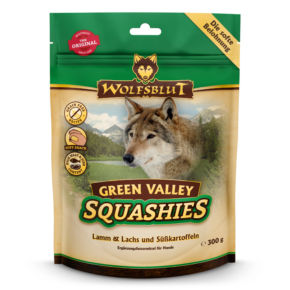 82e5b722ebb70da7eafae1a6aecd8e8595d2d77b_wb_wolfsblut_squashiesgreenvalley_front_300g_4260603785339_1000px_shd.jpg Wolfsblut Dog Squashies Green Valley - jagnięcina, łosoś, bataty 300g - obrazek 1