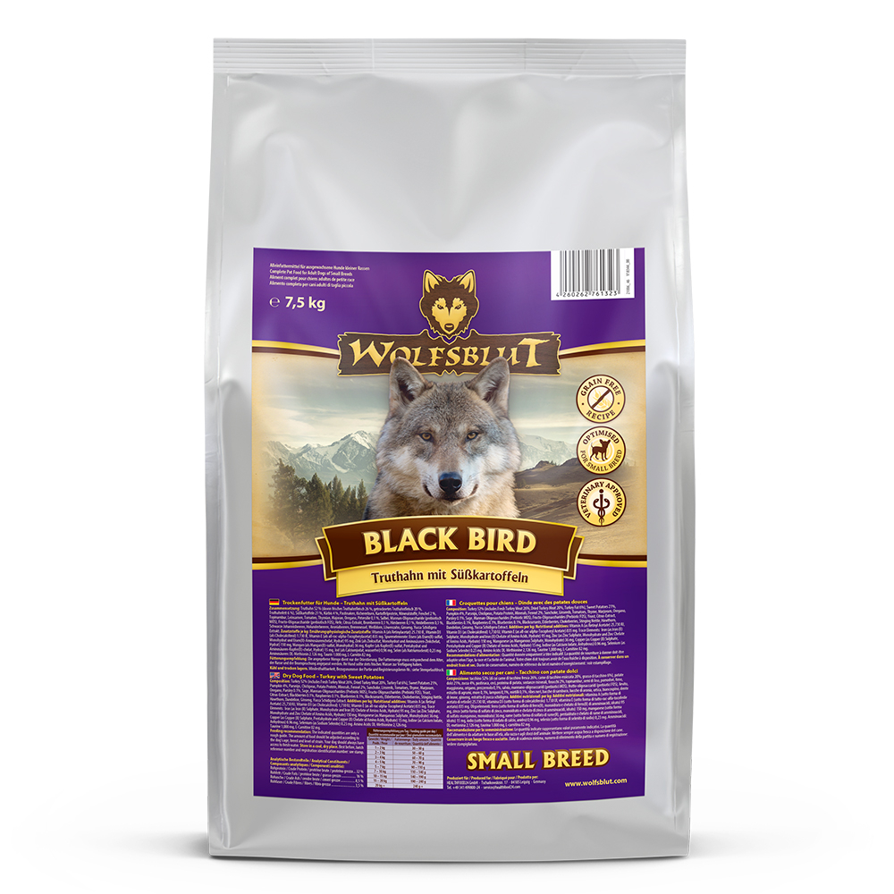 958dba1288b29349436adcfb27dcdd5f400242ee_wb761323_wolfsblut_trockenfutter_blackbird_smallbreed_front_7_5kg_1000x1000_shd.jpg Wolfsblut Dog Black Bird Adult Small - indyk i bataty 7,5kg - obrazek 1