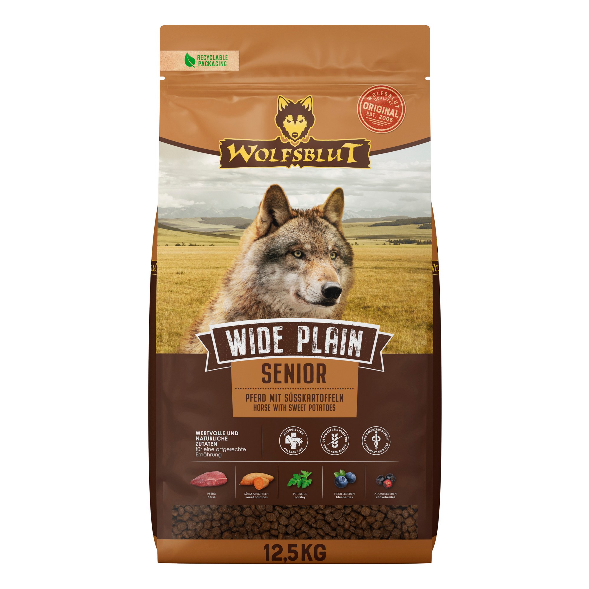 WB782291_Wolfsblut_Trockenfutter_Wide_Plain_Senior_Front_125kg_4260603782291_2000px.jpg Wolfsblut Dog Wide Plain Senior - konina i bataty 12,5kg - obrazek 1