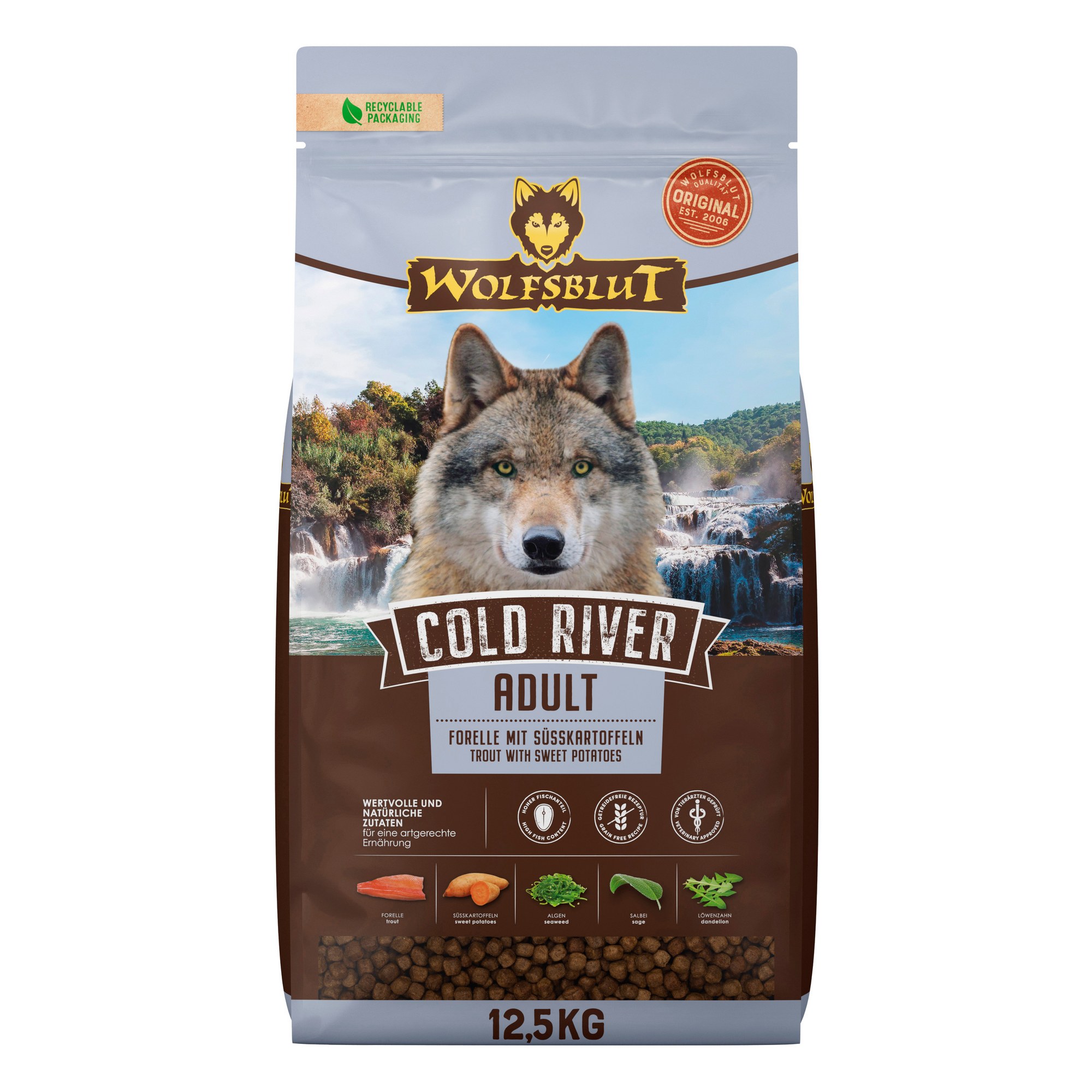 WB784639_Wolfsblut_Trockenfutter_Cold_River_Adult_Front_125kg_4260603784639_2000px.jpg Wolfsblut Dog Cold River Senior - pstrąg i bataty 12,5kg - obrazek 1