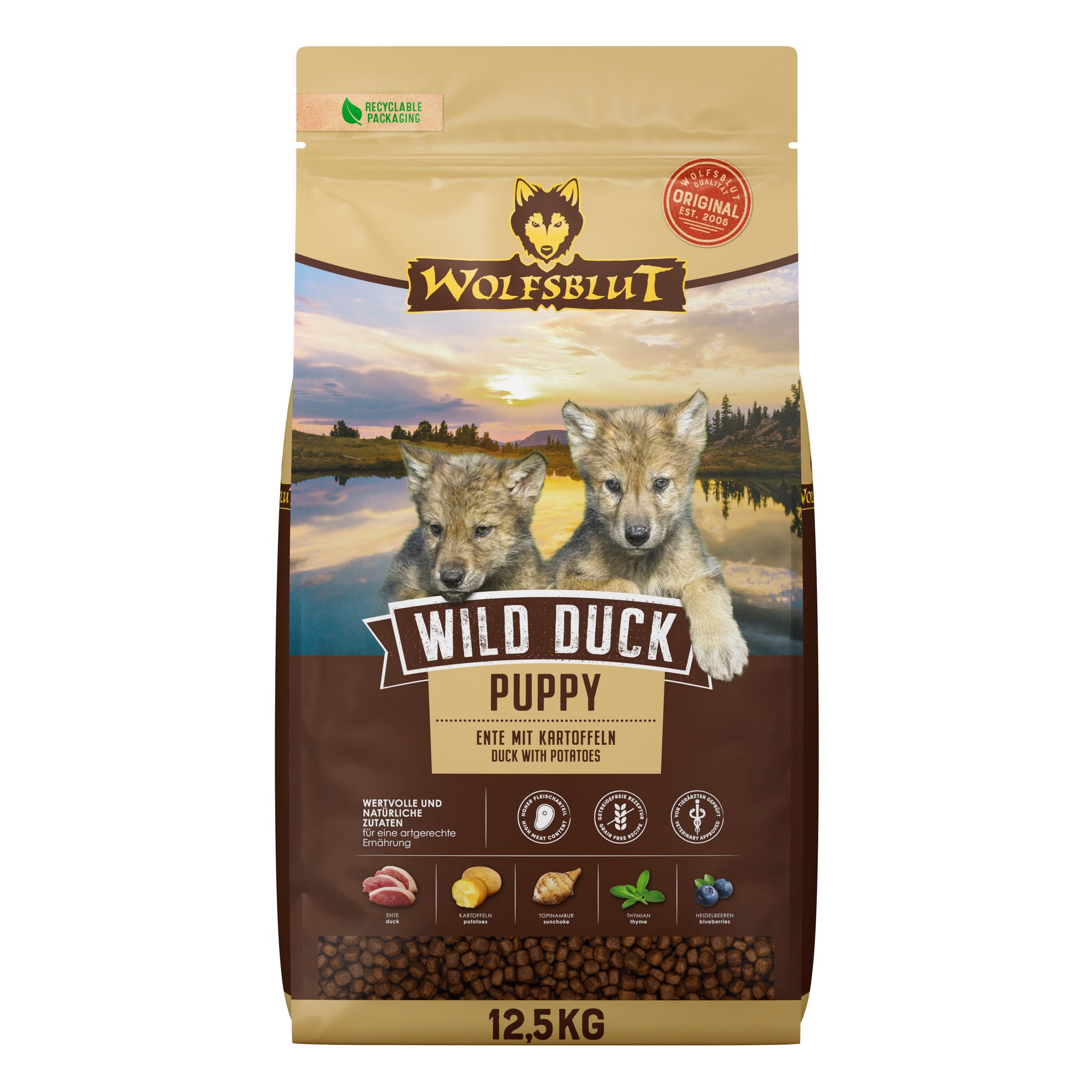 WB784660_Wolfsblut_Trockenfutter_Wild_Duck_Puppy_Front_125kg_4260603784660_2000px.jpg Wolfsblut Dog Wild Duck Puppy - kaczka i bataty 12,5kg - obrazek 1