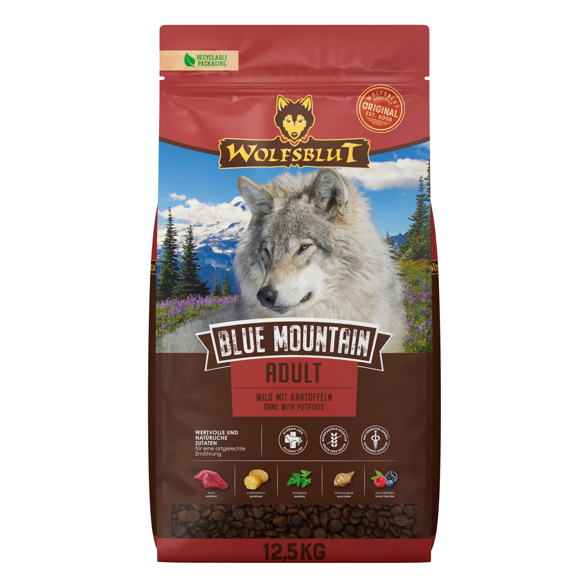 WB784929_BLUE_MOUNTAINADULT_125KG_4260603784929_FRONTAL_2000px.jpg Wolfsblut Dog Blue Mountain - dziczyzna i owoce leśne 12,5kg - obrazek 1