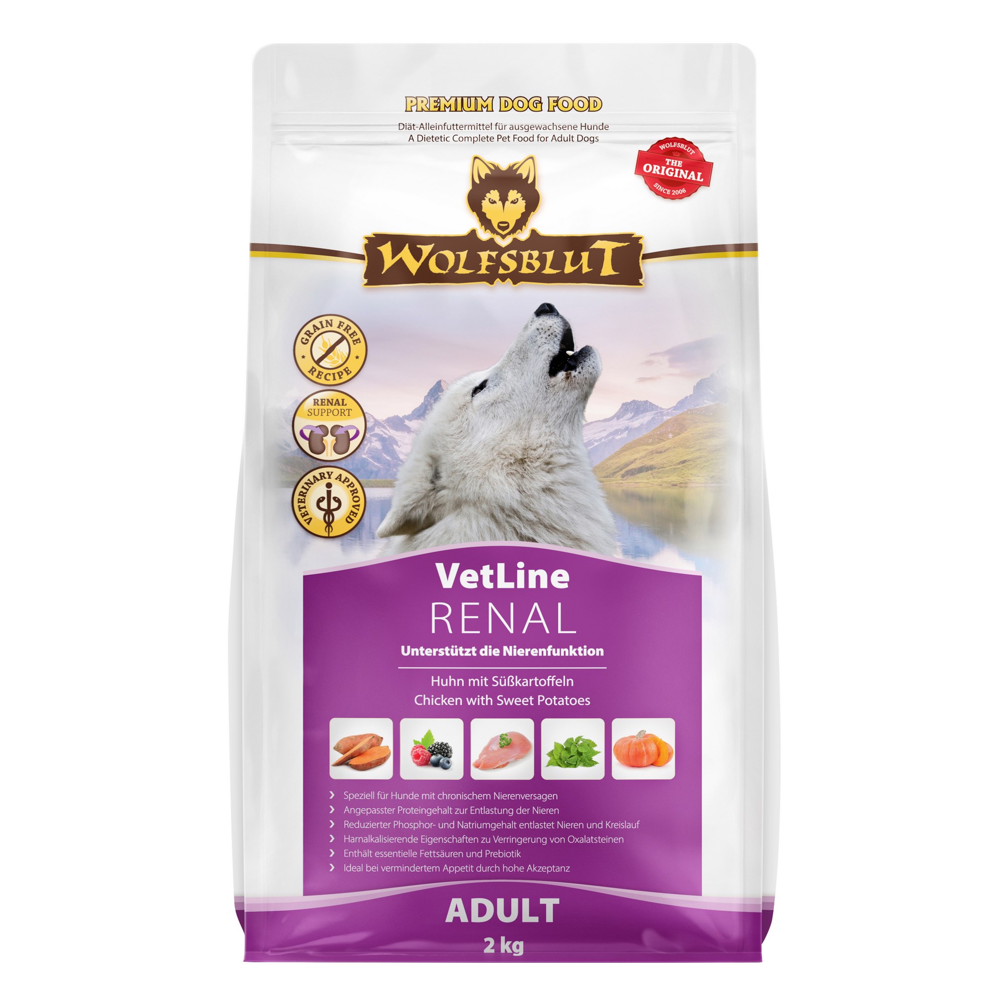 WB786428_Wolfsblut_Trockenfutter_Renal_Front_2kg_4260603786428_2000px.jpg Wolfsblut Dog VetLine Renal - kurczak i bataty 2kg - obrazek 1