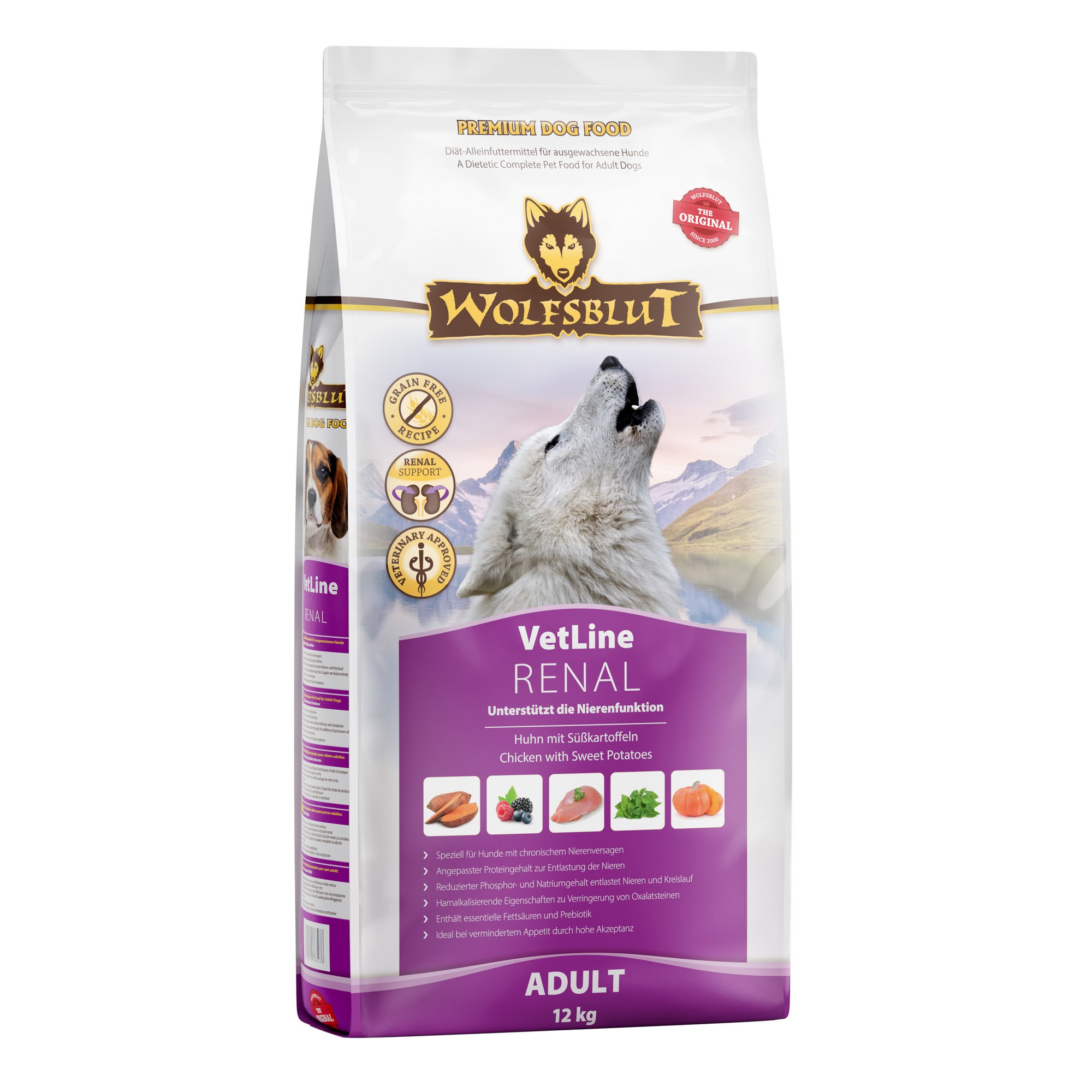 WB786435_Wolfsblut_Trockenfutter_Renal_FrontSide_12kg_4260603786435_2000px.jpg Wolfsblut Dog VetLine Renal - kurczak i bataty 12kg - obrazek 1