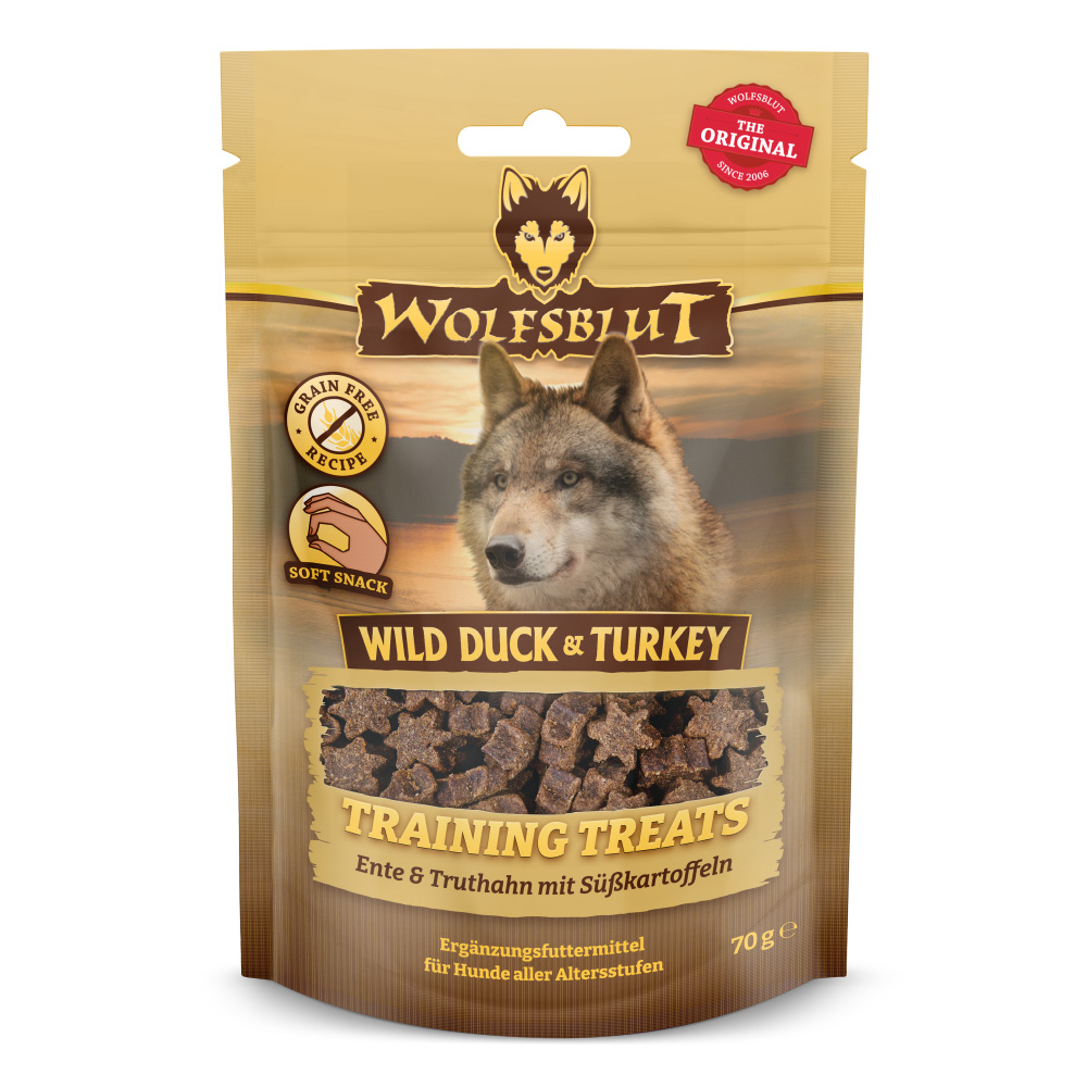 cf06879a2e513fd93fdc5cf070a5b5d50a4f4b53_WB785209_Training_Treats_Wild_Duck__Turkey_TF_4260603785209_FRONT_1000px_SHD.jpg Wolfsblut Dog Training Treats Wild Duck & Turkey 70g - obrazek 1