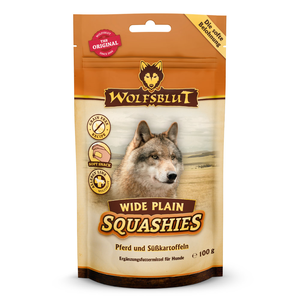 e080185adaa4a504fdb7d0dc074d06203a145424_wb_wolfsblut_squashieswideplain_front_100g_4260603785438_1000px_shd.jpg Wolfsblut Dog Squashies Wide Plain - konina i bataty 100g - obrazek 1