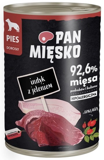 1.jpg Pan Mięsko Karma mokra dla psa Indyk z jeleniem puszka 400g - obrazek 1